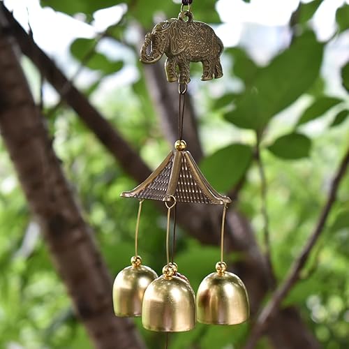 Miniatura 5 de Maydahui Campana de viento retro de elefante (21 pulgadas de alto), campanas de viento vintage de cobre con gancho en forma de S para regalos de