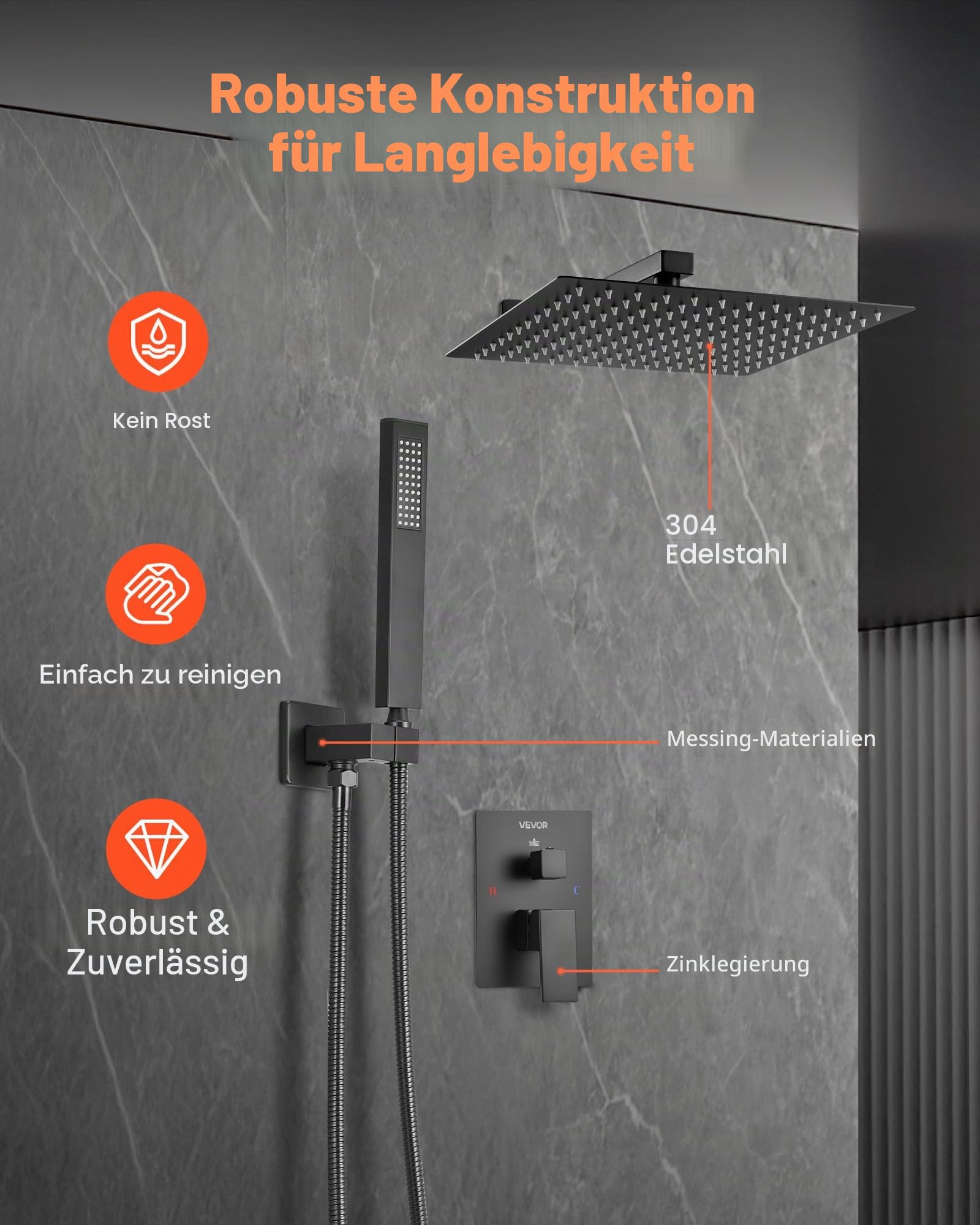 VEVOR Duscharmatur Regenduschsystem fürs Badezimmer Duschsystem mit 305 mm quadratischen Regenduschkopf & Handbrause, wandmontierte Badezimmerarmaturen mit Messingventil & Zierset, Mattschwarz