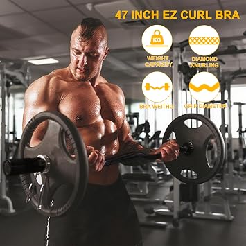 Olympic EZ Curl Bar 47-Inch - Chrome Curling Barbell for Biceps,Triceps,Arm Workouts,Compatible with 2Olympic Plates,Includes Spring Collars,Home Gym Strength Bar(500LB Capacity)
