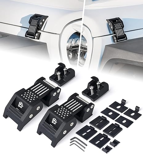 Miniatura 15 de Xprite Pestillos de aluminio morado para capó con bandera de Estados Unidos, kit de pestillos ajustables para capó compatible con Jeep Wrangler JK