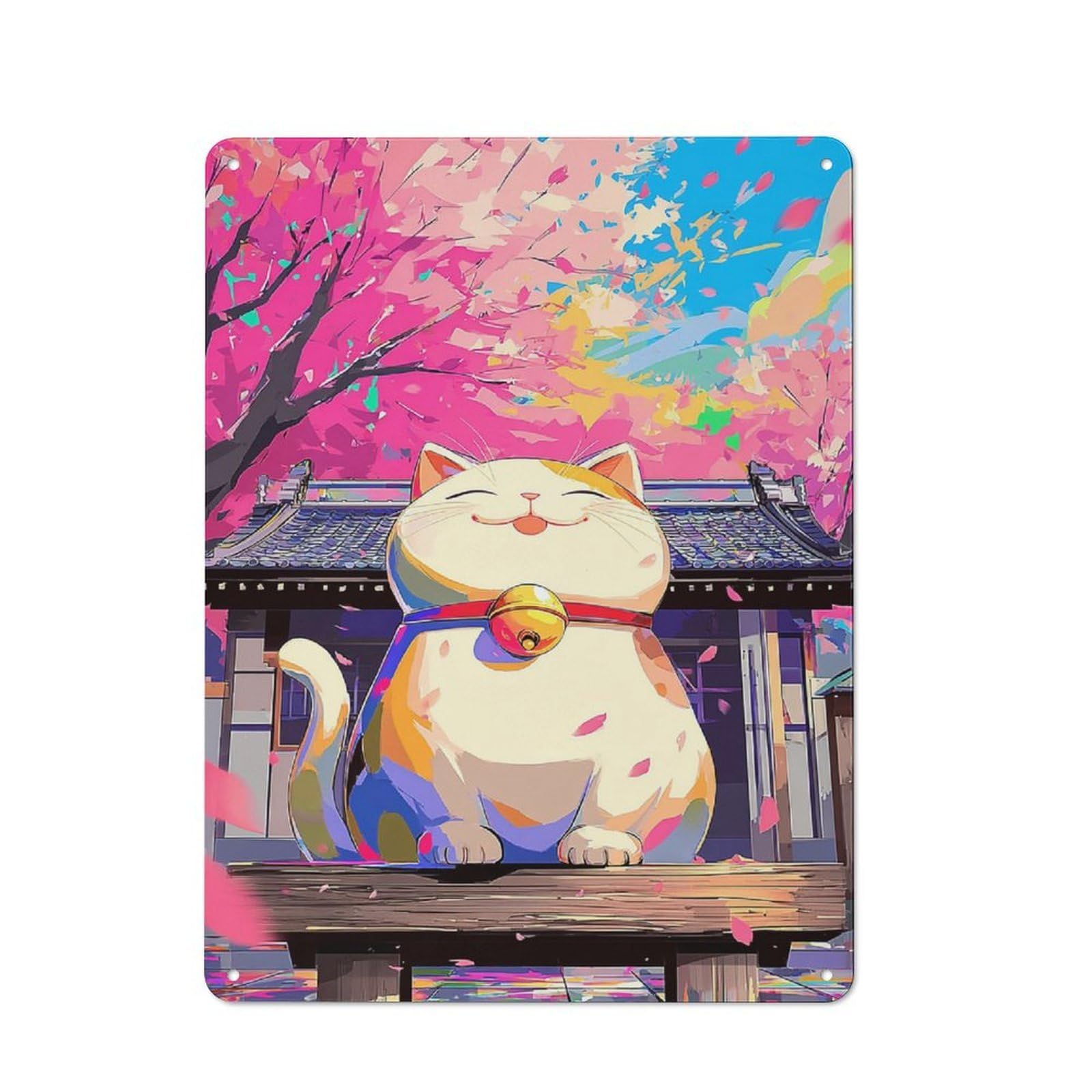 Junmoney Cherry Blossom Festival With Lucky Cat Decorative Tin Plaque With Design 40X30cm, Classic Novelty Wall Art For Flat, Dorm Room, Lounge Or Cafe