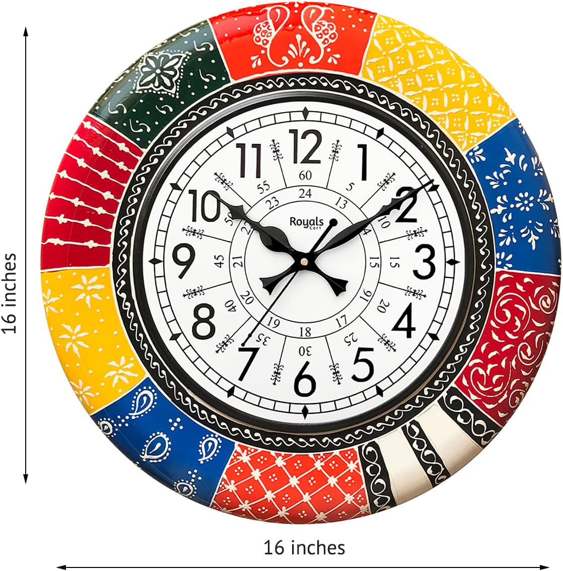 Ethnic Handcrafted Decorative Wall Clock with Rajasthani Painting | Multicolour Wooden Clock for Living Room | 24 Hours | 16 Inch | Vintage Design | Silent Sweep Movement [KTWC139N]
