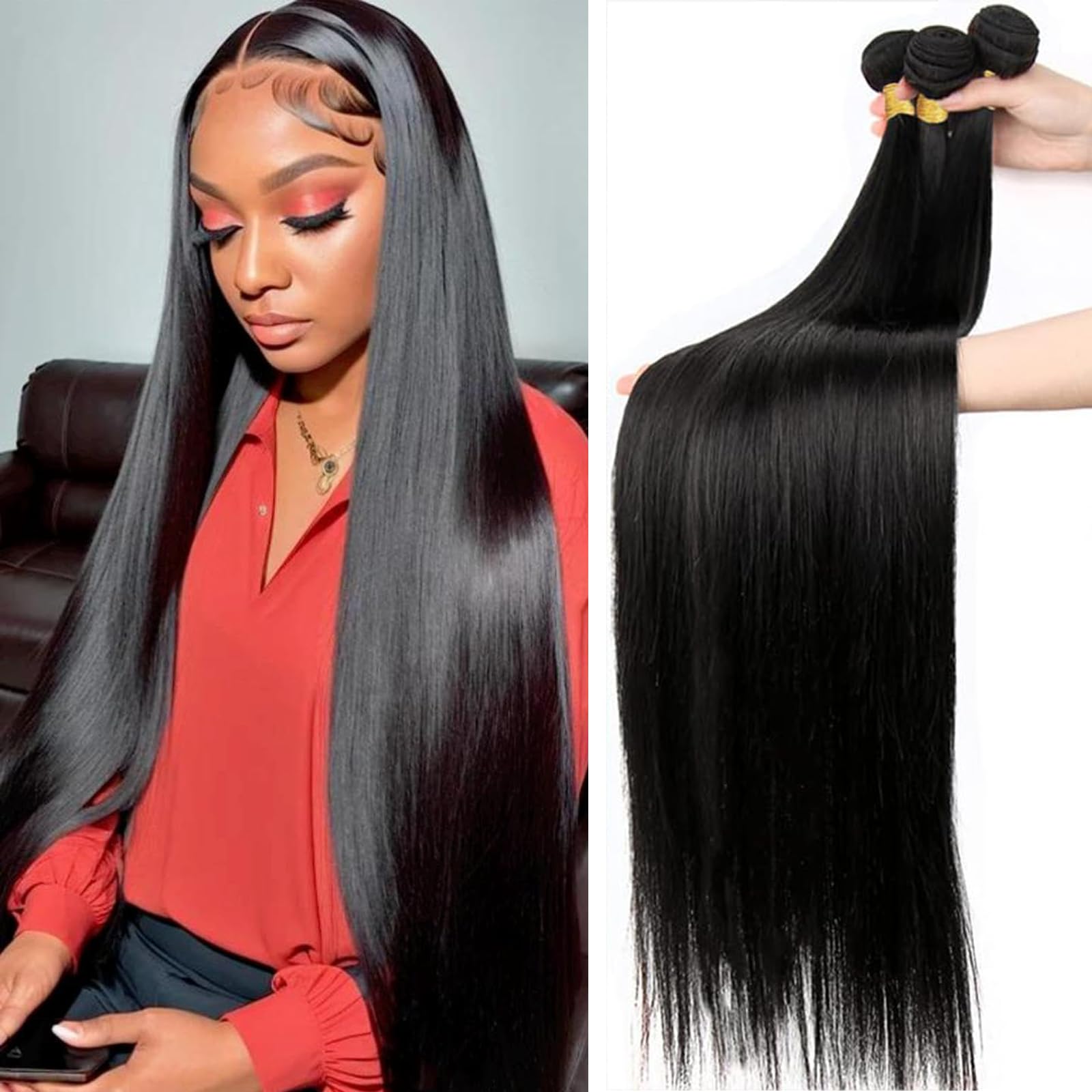 12A Brazilian Straight Bundles Human Hair 28 30 32 Inch Raw Bundles Human Hair 100% Unprocessed Human Hair 3 Bundles Straight Brazilian Virgin Hair Weave Bundles Human Hair Natural Black Color