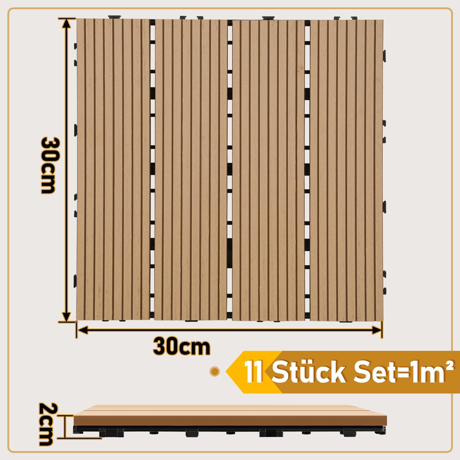 Randaco Lot de 44 dalles de terrasse WPC pour 4 m², 30 x 30 cm, en WPC, avec système de drainage et de clic, faciles à poser, imperméables et antidérapantes, en teck
