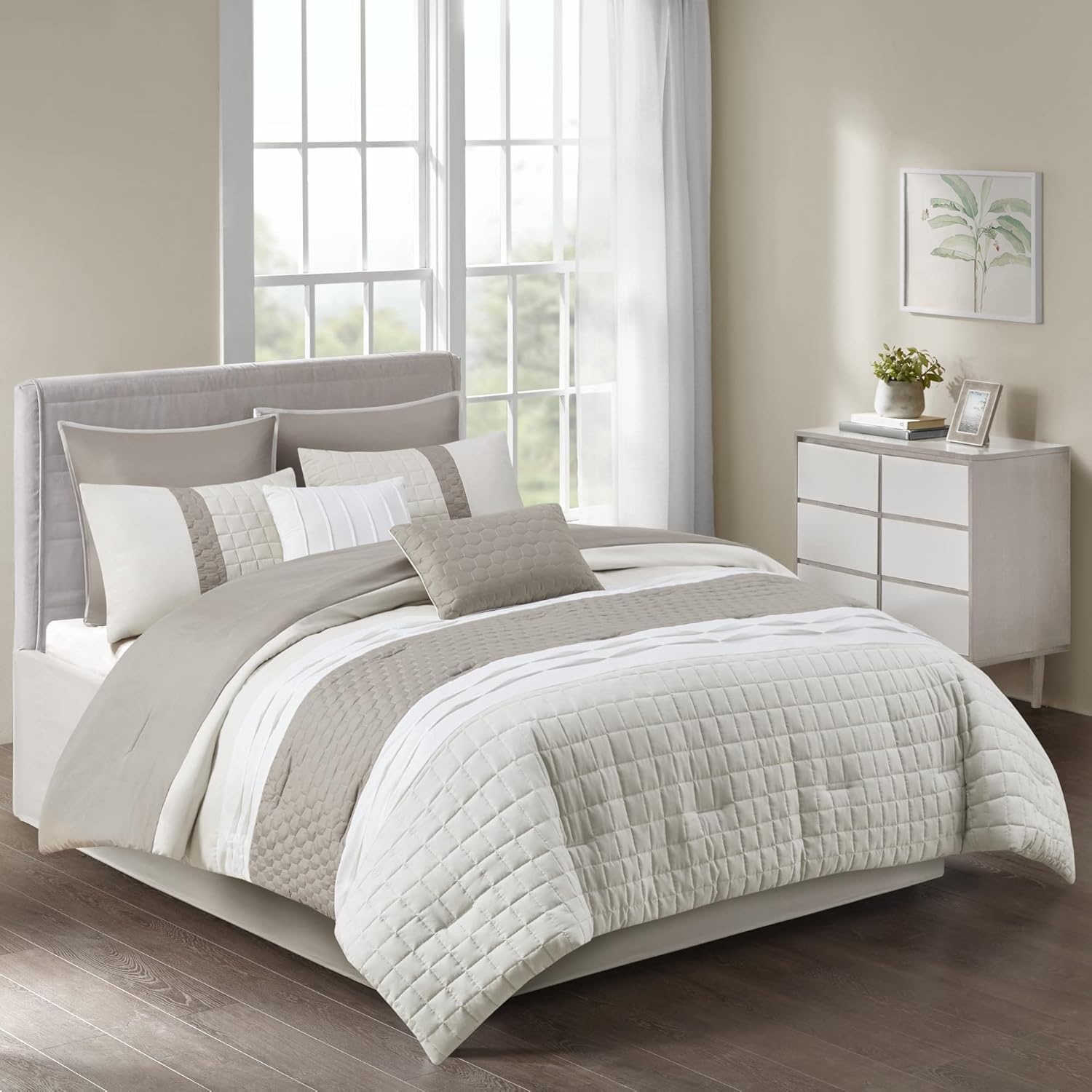 510 DESIGN Tinsley Cozy Comforter Set - Geometric Honeycomb Design, All Season Down Alternative Casual Bedding with Matching Shams, Decorative Pillows, Cal King(104"x92"), Khaki 8 Piece