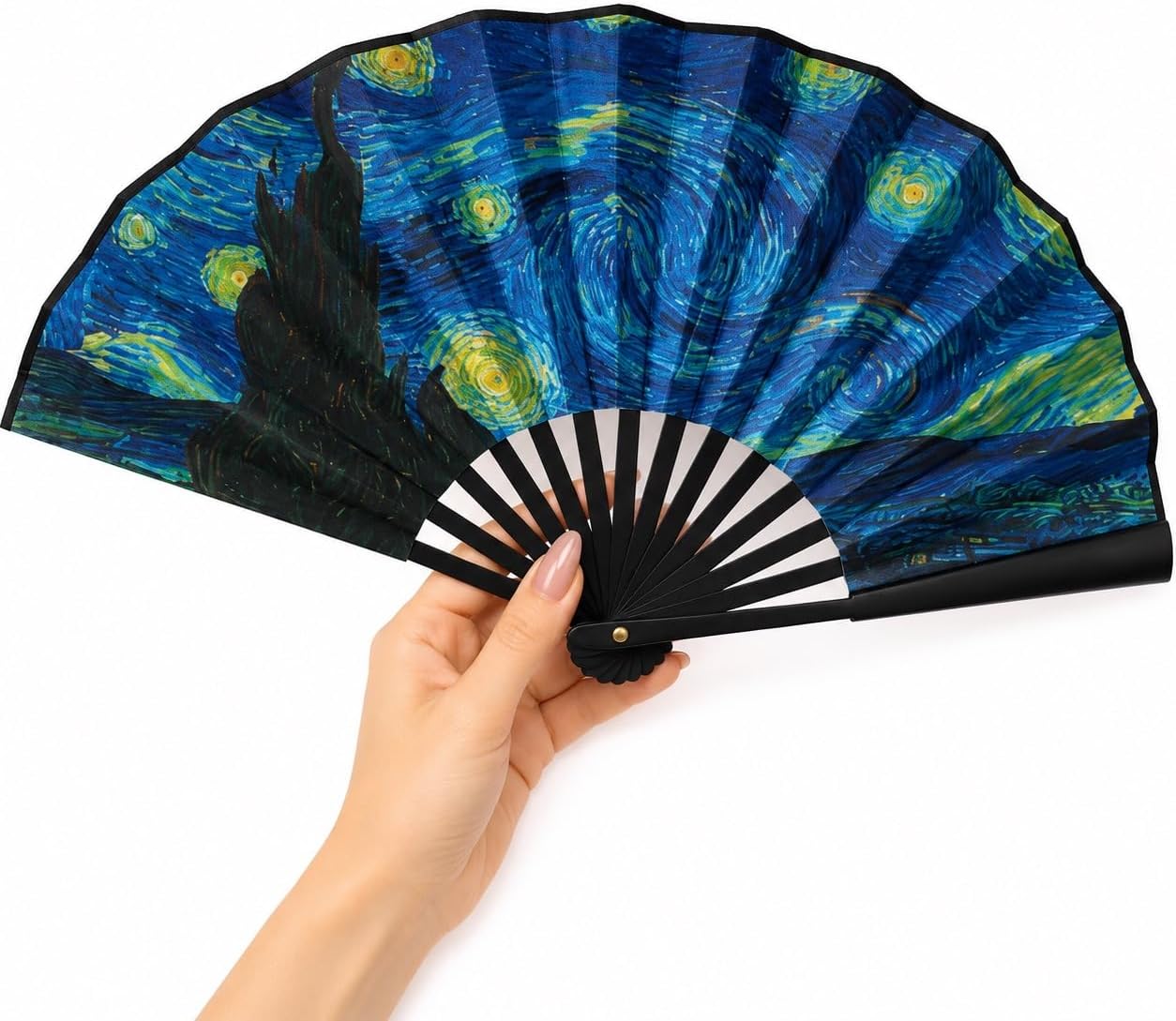 Coverzone Yıldızlı Gece Desenli Katlanabilir El Yelpazesi Japon Stil El Fanı Hafif Taşınabilir Yazlık Serinletici Dekoratif Yelpaze 47x26 cm