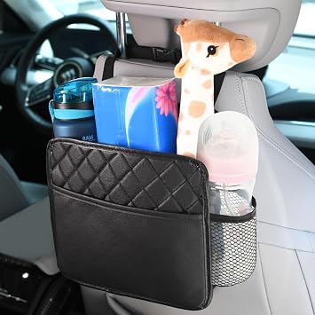 Hanging Car Storage Bag, Waterproof Leather Back Seat Organizer, Multifunctional Travel Car Seat Back Bag with Cup Holders, Foldable, Easy to Clean, for Phones, Toys, Snacks,Documents,Premium