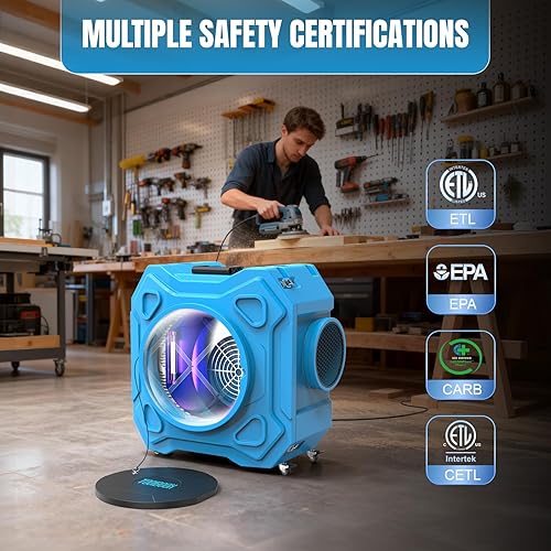 Miniatura 7 de Depurador de aire con filtración de 3 etapas, máquina de aire negativo HEPA de 970 CFM con ruedas bloqueables de 360° y mango plegable automático,