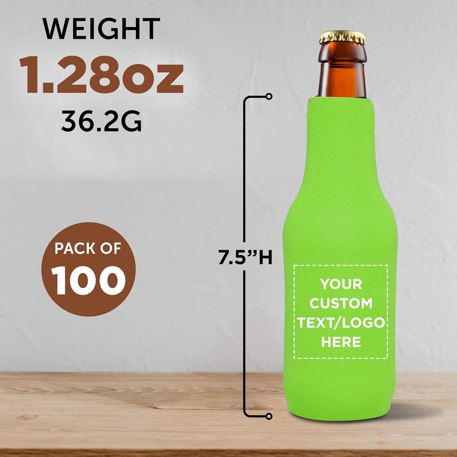 100 Neoprene Zippered Beer Bottle Coolies Pack - Customizable Text, Logo - Sharkskin Rubber Bottom - Lime Green