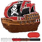 WERNNSAI Pirate Piata - Pirate Ship Piata with Blindfold and Bat for Boys Kids Caribbean Pirate Piata Birthday Party Favors Decorations Family Games Pirate Party Supplies 16.4 x 12.4
