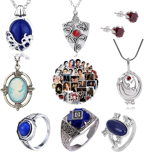 XHBTS 19 Set Replace The Vampire Diaries Daywalking Katherine Sapphire Crystal Pendant Necklaces Ring Earrings and 10 Pcs Vampire Diaries Stickers Movie Jewelry Set Cosplay for Fans