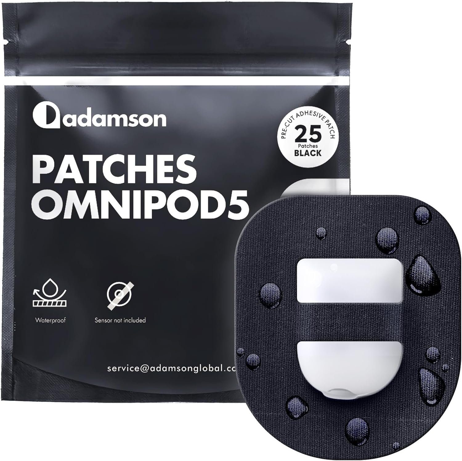 Adamson Omnipod 5 Overpatches – 25 Waterproof Omnipod 5 Adhesive Patches, Sweatproof & Skin-Friendly, No Glue on Center, Easy to Apply & Remove, Secure Hold for Active Lifestyles – Black