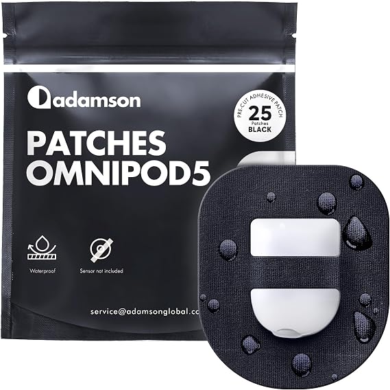 Adamson Omnipod 5 Overpatches 25 Waterproof Omnipod 5 Adhesive Patches, Sweatproof & Skin-Friendly, No Glue on Center, Easy to Apply & Remove, Secure Hold for Active Lifestyles Black