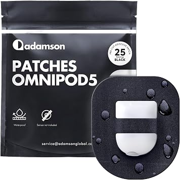 Adamson Omnipod 5 Overpatches 25 Waterproof Omnipod 5 Adhesive Patches, Sweatproof & Skin-Friendly, No Glue on Center, Easy to Apply & Remove, Secure Hold for Active Lifestyles Black