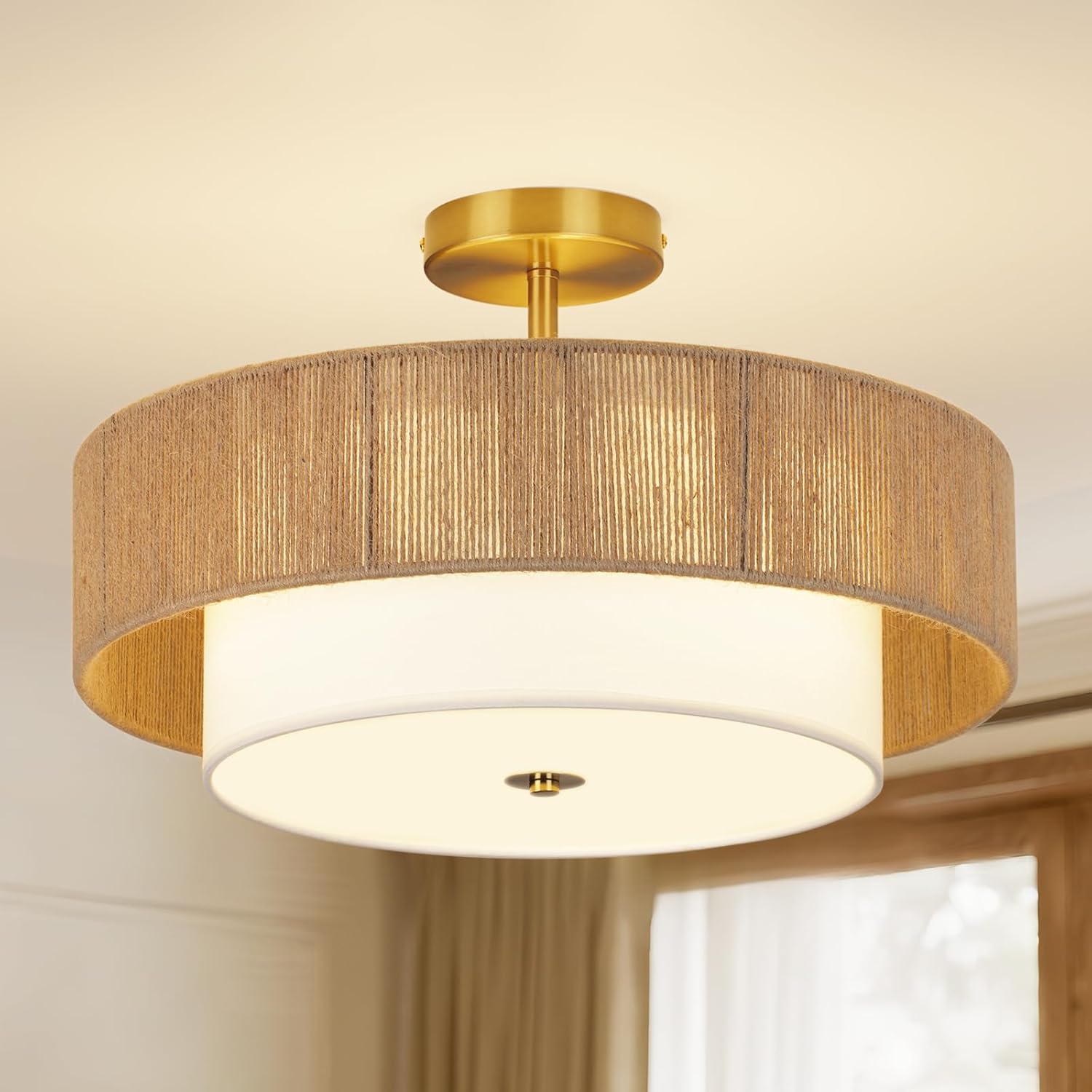 18 Inch Rattan Semi Flush Mount Ceiling Light Fixture,3-Light Boho Light Fixtures Ceiling Mount with Woven Hemp Rope & White Fabric Shade,Farmhouse Drum Light for Living Room,Bedroom,Kitchen