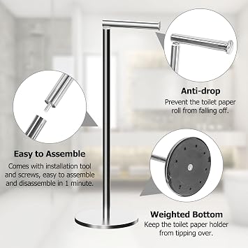 Toilet Roll Holder Free Standing Toilet Paper Holder Stand with Reserve, Stainless Steel Anti Rust Freestanding Toilet Tissue Roll Dispenser Holds 3-4 Paper Rolls, Bathroom Storage (2 Pack Silver A)