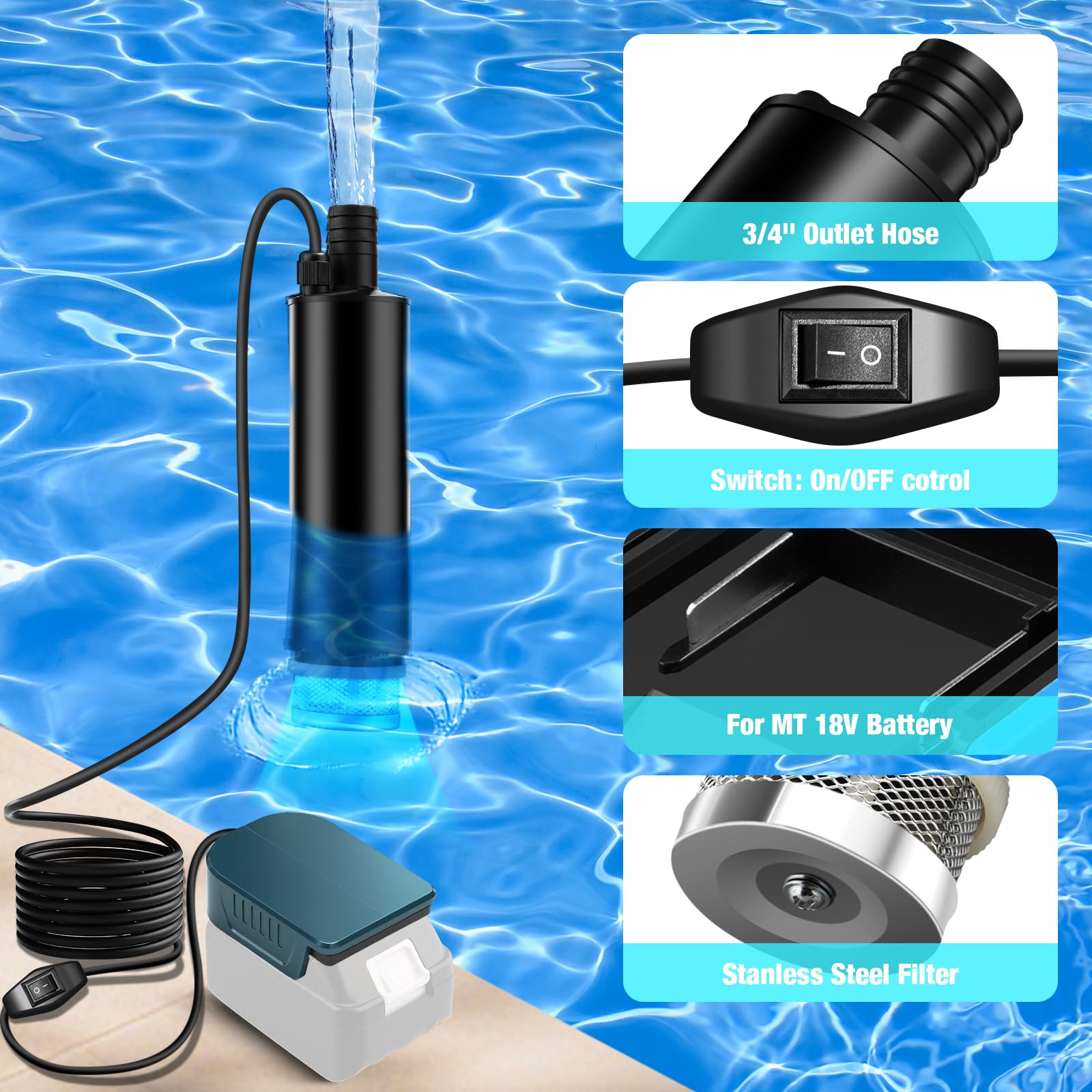 Bomba sumergible compatible con batería Makita de 18 V (sin batería), bomba de agua portátil para aguas residuales, bomba de agua transparente, 500 GPH con manguera de 1 m, para piscina, camas de agua