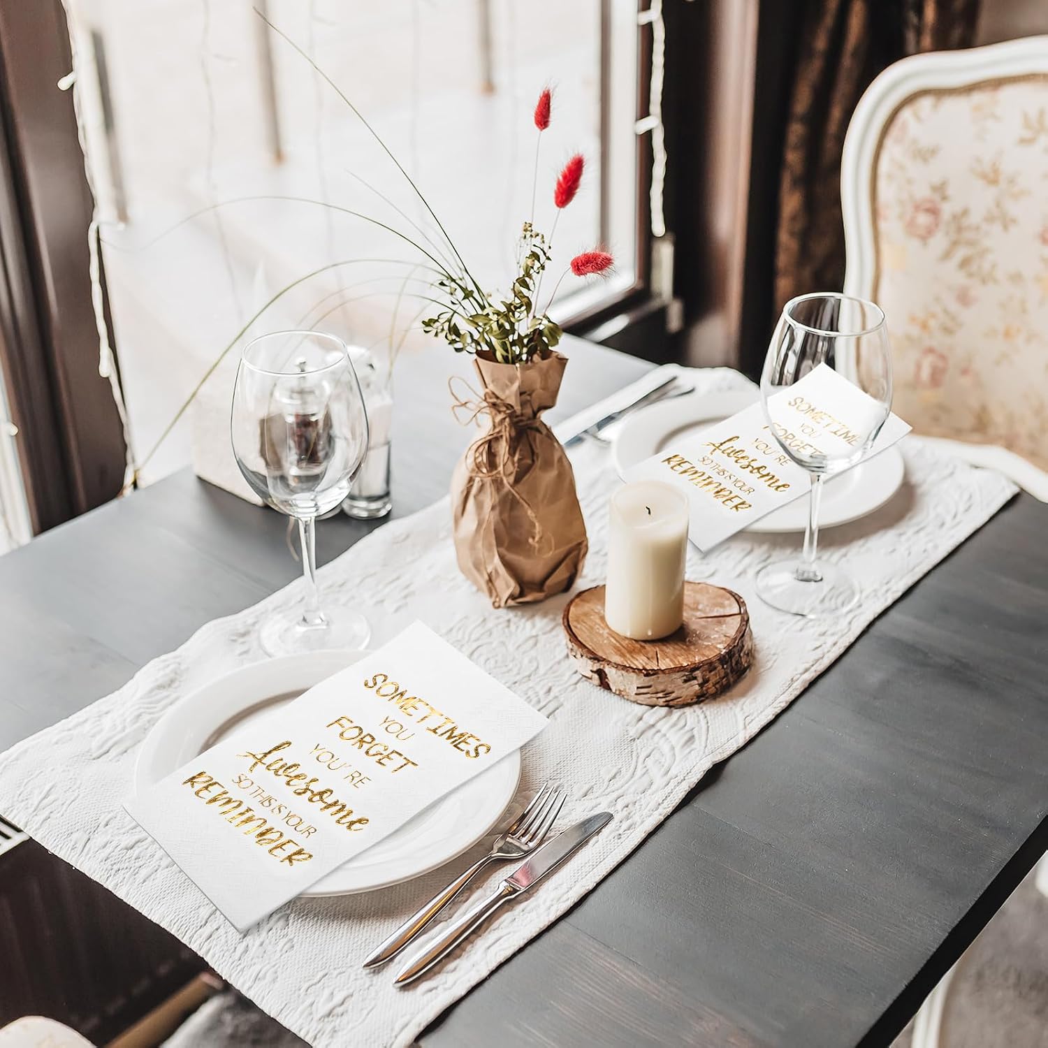 Lincia 200 Pcs Thank You Gifts Napkins Disposable Paper Napkins Inspirational Gifts for Women Men Coworker Employee Appreciation Students Graduation Elegant Metallic Foil Cocktail Napkins (White)