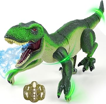BEMITON Remote Control Dinosaur Toys for Kids - Best Birthday Gifts for 3 4 5 6 7 8 9 10 11 12 Year Old Boys, Realistic RC Walking Dino Toy with Light, Roaring, Spray - Olive Green