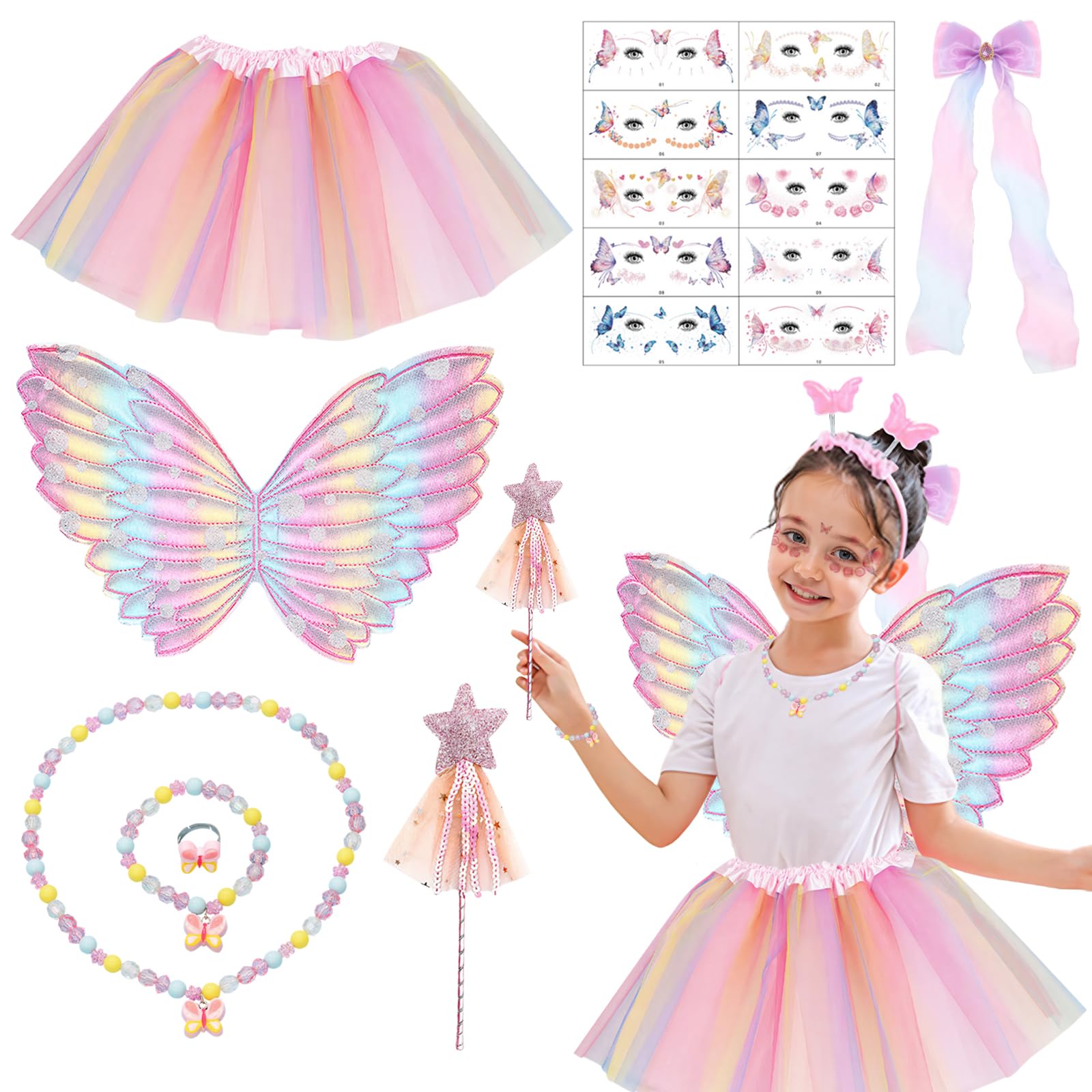 8 Pcs Fairy Costume Set for Girls,Butterfly Wing Fancy Dress-Fairy Wings Kids,Magic Wand,Bow Hairpin,Butterfly Pendant,Bracelet,Ring,Eye Corner Sticker,Angel Princess Costume for Kids Party Dress Up