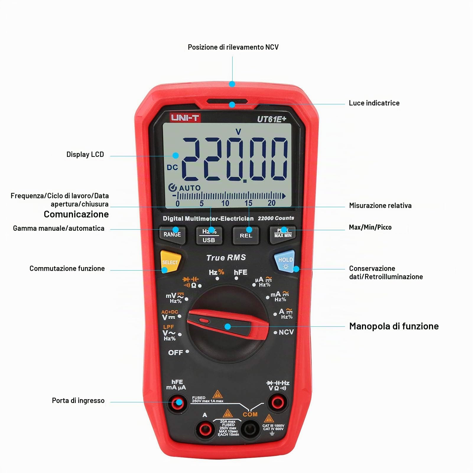 UNI-T UT61E+ 1000V 20A Digitale Multimetro 22000 Conti Schermo NCV hFE Gamma Automatica Vero RMS AC/DC Voltaggio attuale Resistenza Capacità Tester