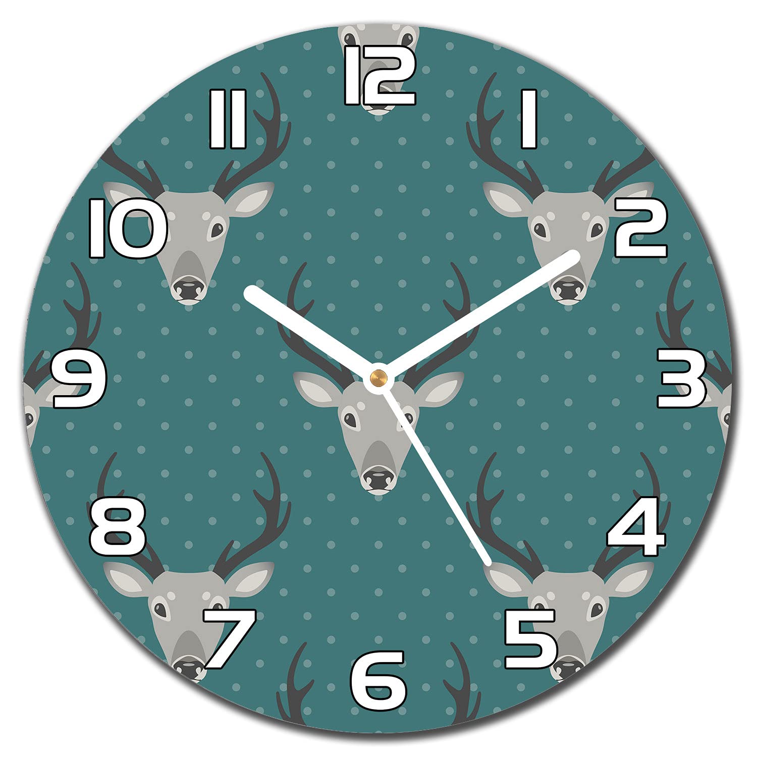 Horloge en verre moderne Coloray cerf turquoise, pendule murale de cuisine ronde 30 cm