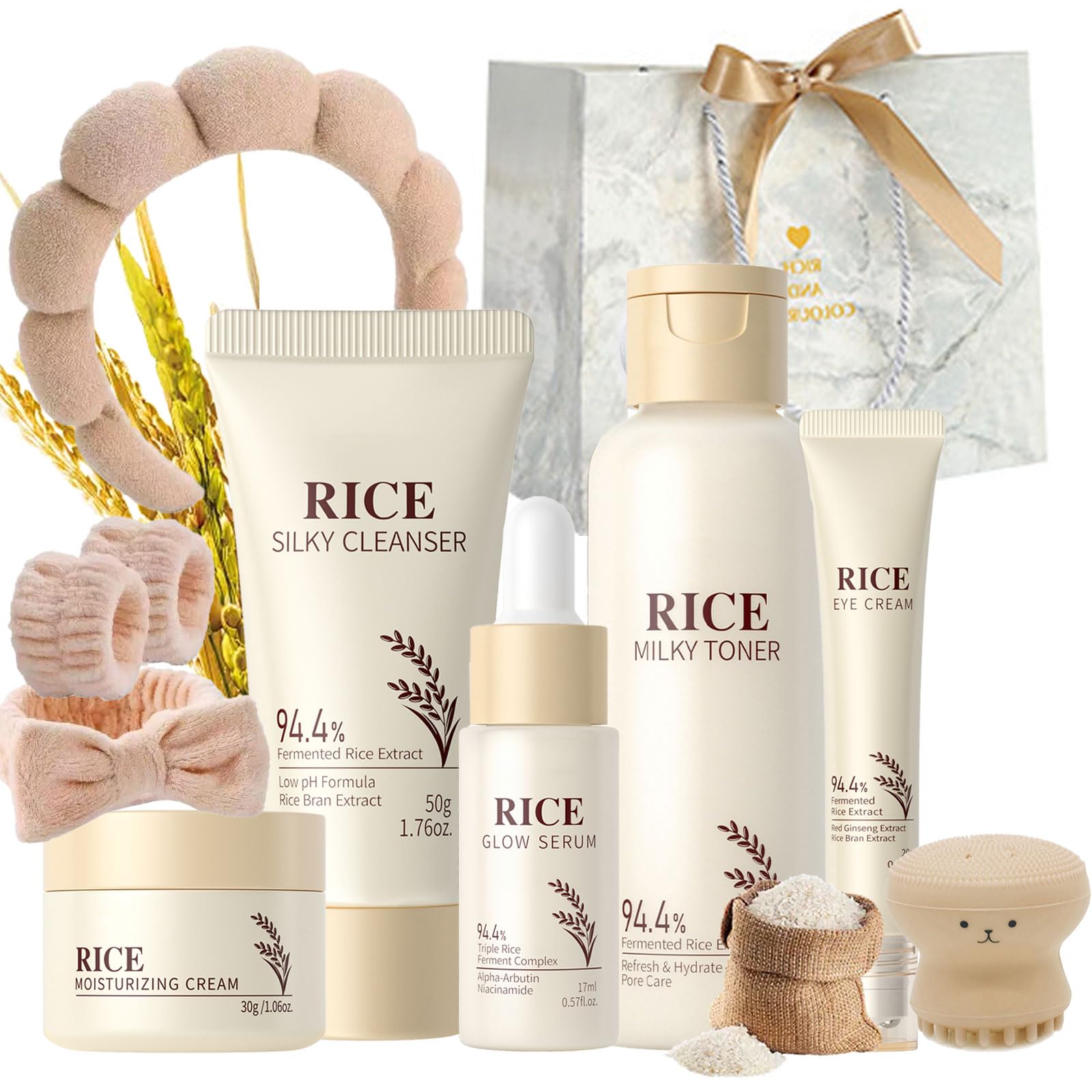 Reis Gesichtspflege Skincare Set 11pcs, Rice Pflegeset Damen Glättet die Haut, Pflegeset Damen Geshcenke mit Reiniger, Rice Toner, Face Cream, Serum, Eye Cream, Geschenktüte, Pflegeutensilien
