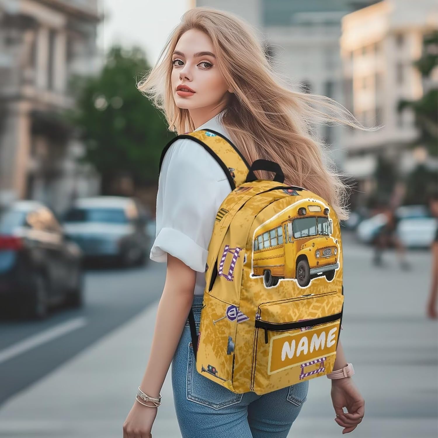 Custom Backpack for Kids School Bus Theme Personalized Backpack for Boys 6-8 8-10 Preschool Elementary Middle Student 17 inch Travel Bookbag Daypack