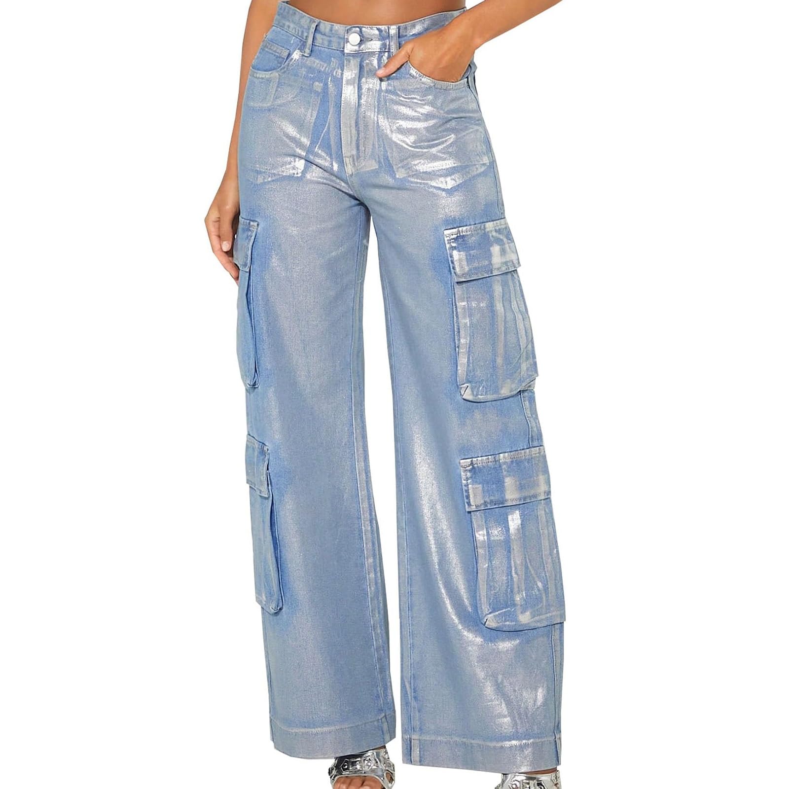 Damen Cargo Metallic-Jeans High Waist Cargohose Straight Leg Hose Weites Bein Blau Cargohose für Damen Lose Hose Mehrere Taschen Reißverschluss Punk-Gothic-Hose Loose Fit