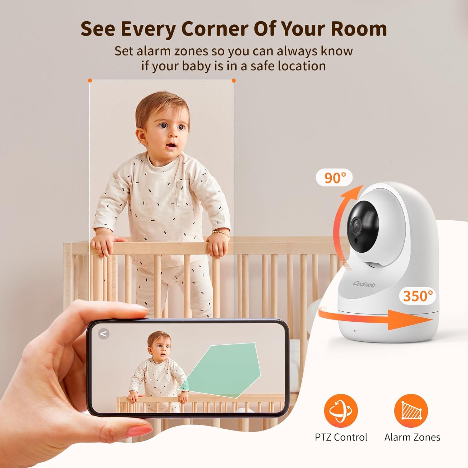 Codnida Baby Monitor camera showing 350-degree pan and 90-degree tilt capabilities, with icons for PTZ control and alarm zones.