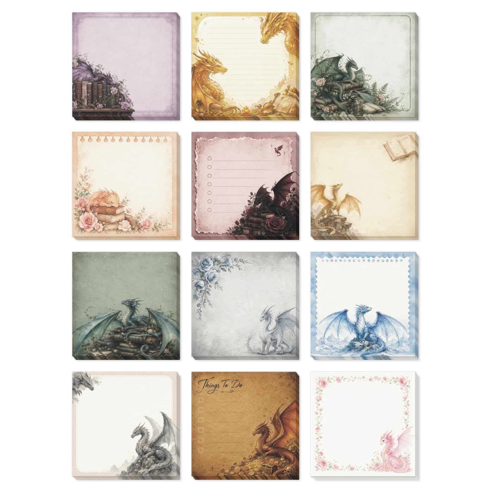GLOBLELAND 12 Pads 600 Sheets Dragon Sticky Notes Set 7.5x7.5 cm Flowers Self-Adhesive Memo Pads to Do List Sticky Notes for Journaling Office Planner