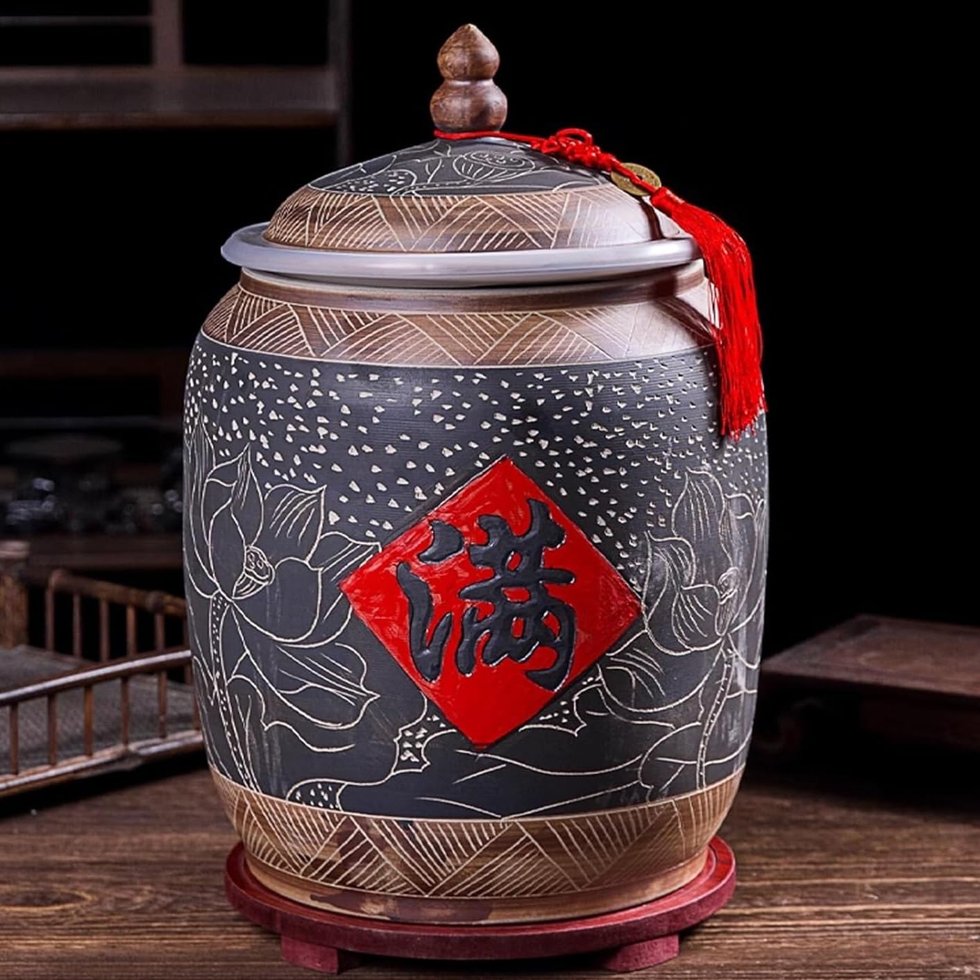 Dozownik do Zbóż i Ryżu z Pokrywką, Ceramiczny Pojemnik do Przechowywania Zbóż, Domowy Słój Kuchenny, Idealny do Przechowywania Ryżu, Mąki, Cukru i Kawy(10kg)
