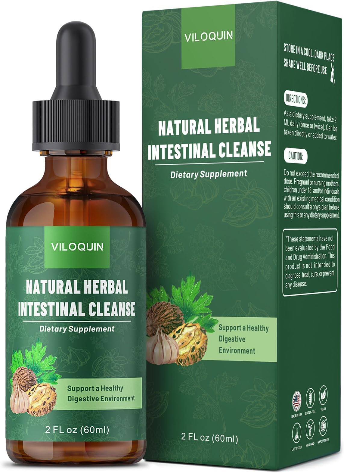 Gut Cleanse Detox Liquid, Natural Herbal Intestinal Support with Oil of Oregano, Wormwood, Black Walnut, Clove, Garlic, 2 fl oz
