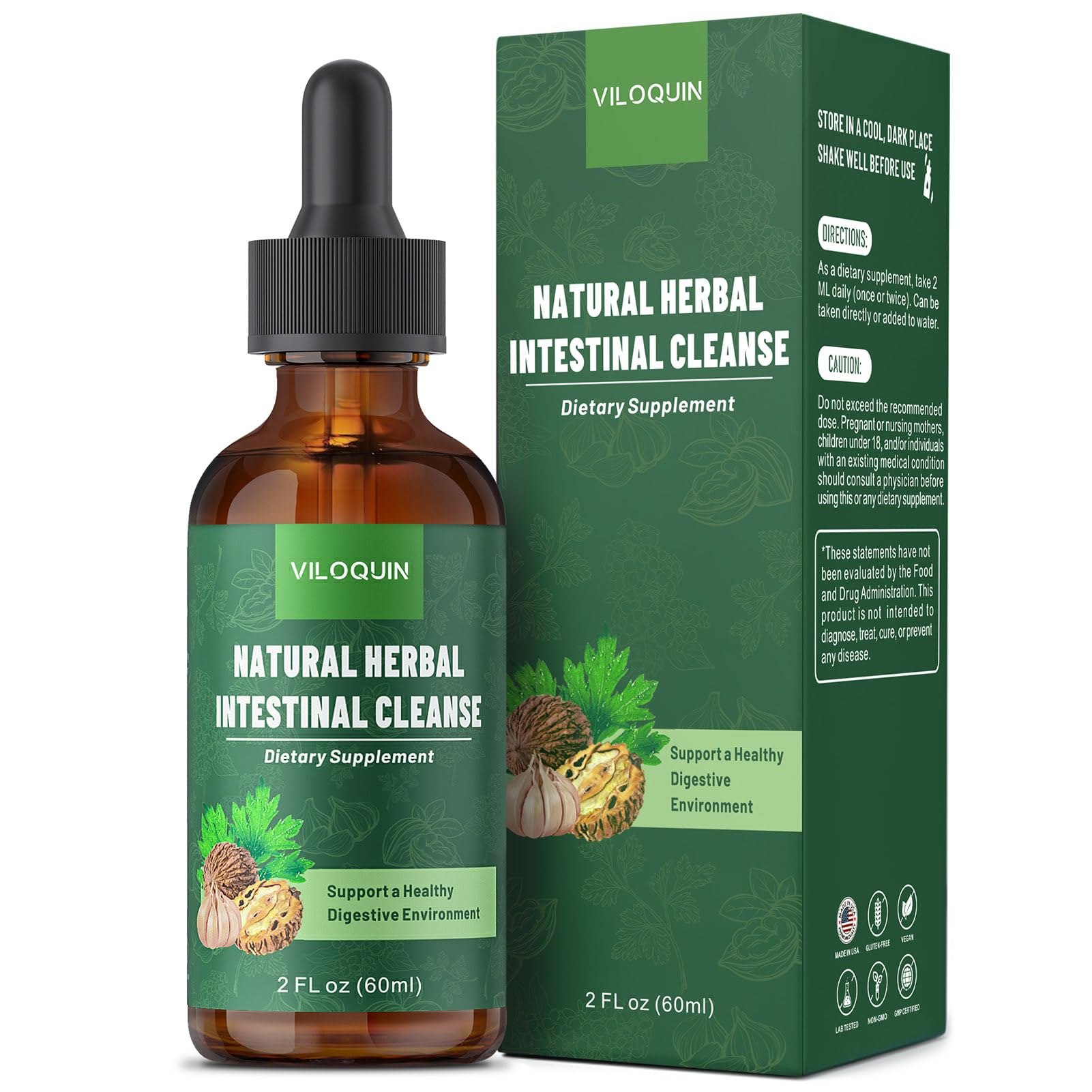 Gut Cleanse Detox Liquid, Natural Herbal Intestinal Support with Oil of Oregano, Wormwood, Black Walnut, Clove, Garlic, 2 fl oz