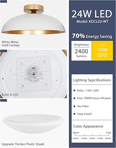 Miniatura 5 de kudos KDCL02-WT - Lámpara de techo LED de 16 pulgadas, acabado blanco y dorado, 24 W, 2400 lm para sala de estar, cocina, dormitorio, pasillo, 5CCT,