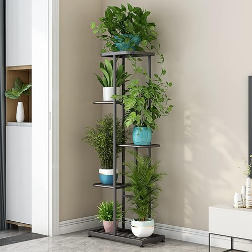Miniatura 3 de LINZINAR Soporte de metal para plantas de 5 niveles y 6 macetas, estante múltiple para macetas para interiores y exteriores, estantería para patio,