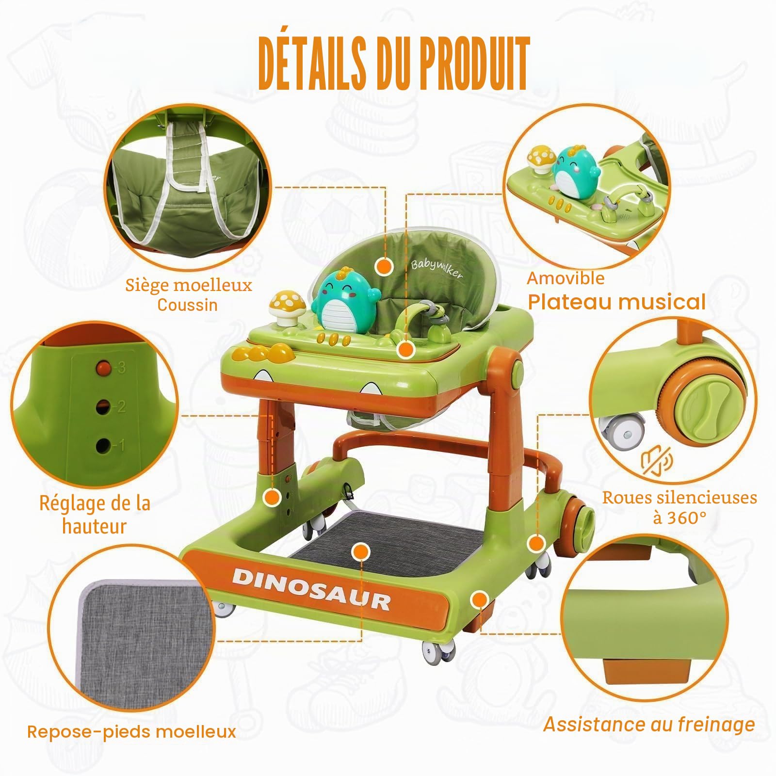 Trotteur pour Bébé Dinosaure Avec Jouets Musicaux,Repose-pieds,Hauteur Réglable,6 Roues Silencieuses À 360°,Avec Aide Au Freinage,Trotteur Adapté Aux Bébés À Partir De 0+