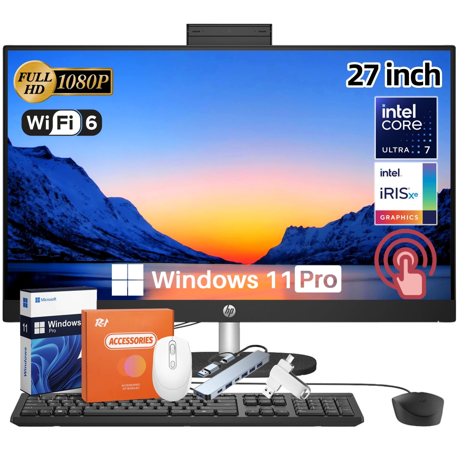27" All in One Touchscreen Desktop Computer, Intel Ultra 7 155U (Up to 4.8GHz), 27 inch FHD Anti-Glare Touchscreen, Intel IrisXe, 32 GB DDR5, 1 TB SSD, Windows 11 Pro, Accessories, Jet Black