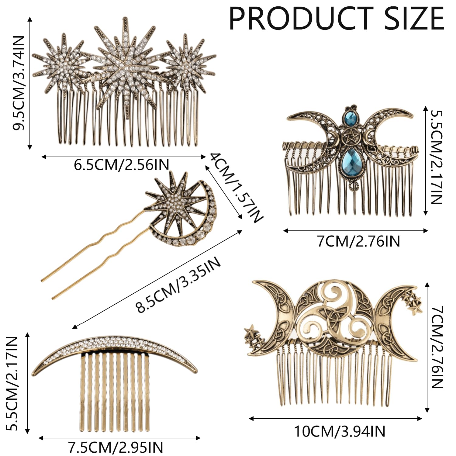 5 pieces Vintage Hair Side Combs for Women Decorative,The moon, the crescent, the stars Metal Hair Comb Tooth Clip with Teeth Grip Crystal Bridal Hair Piece Pins for Wedding Accessories - Image 2