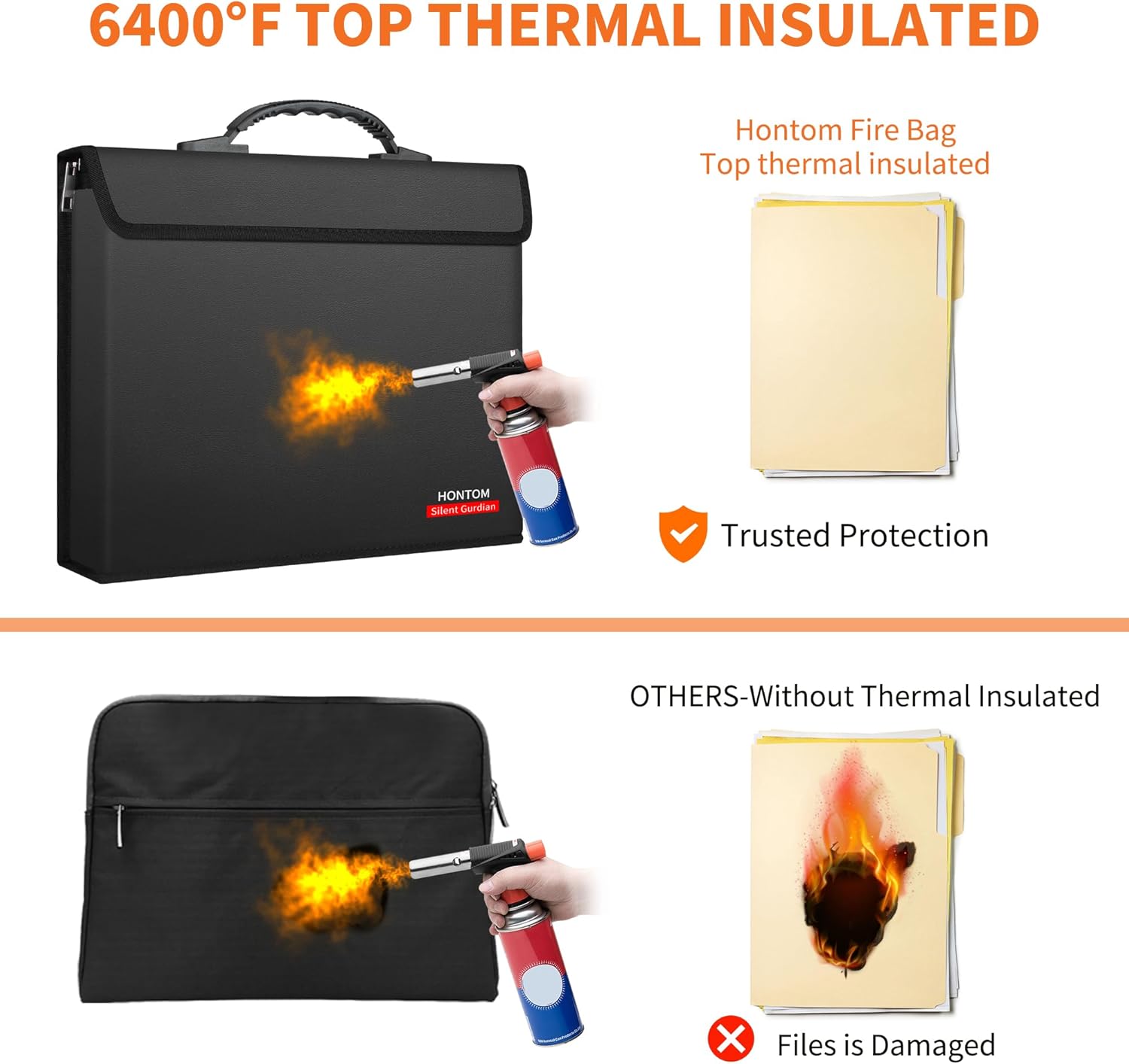 Hontom Fireproof Document Bag with 2 Pockets, 6400℉ Upgraded Material Fireproof Money Bag with Lid, Travel Home Fire Safe Storage Cash Pouch for Important Documents - Image 3