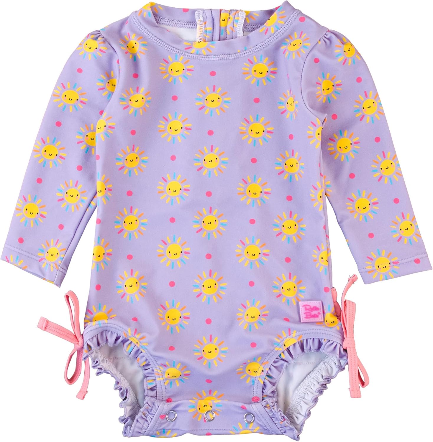 RuffleButts Baby Girls UPF 50+ Sun Protection Novelty Print Long Sleeve One Piece Rash Guard Swimsuit with Zipper