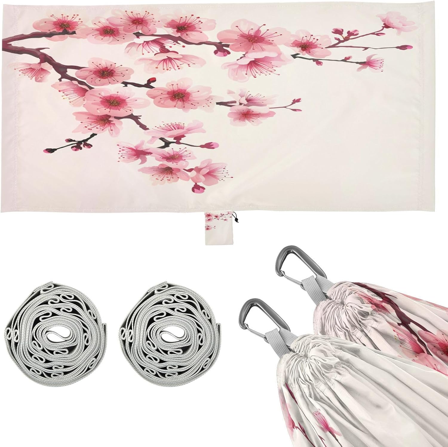 ALAZA Pink Cherry Blossom Flower 4 Camping Hammocks Single or 2 Person 500 lbs Portable Parachute Travel Hammock w/Tree Straps for Hiking Backpacking Indoor Outdoor
