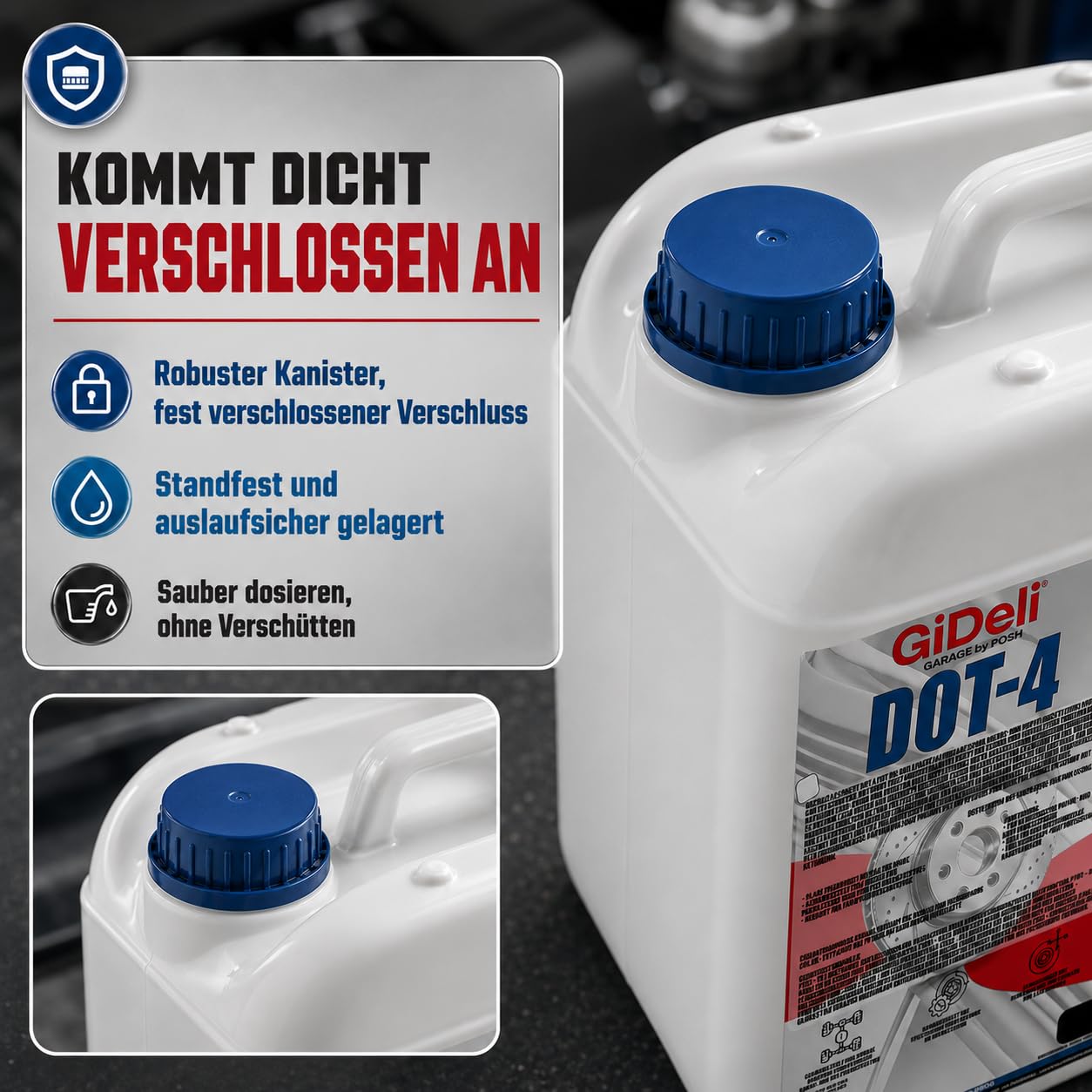 GiDeli Bremsflüssigkeit DOT 4 10 L Kanister - Vorrat zum Abfüllen | für ABS und ESP, auch für Kupplungssysteme, straffer Druckpunkt am Pedal, schont Dichtungen, feste Zapfstelle im Regal