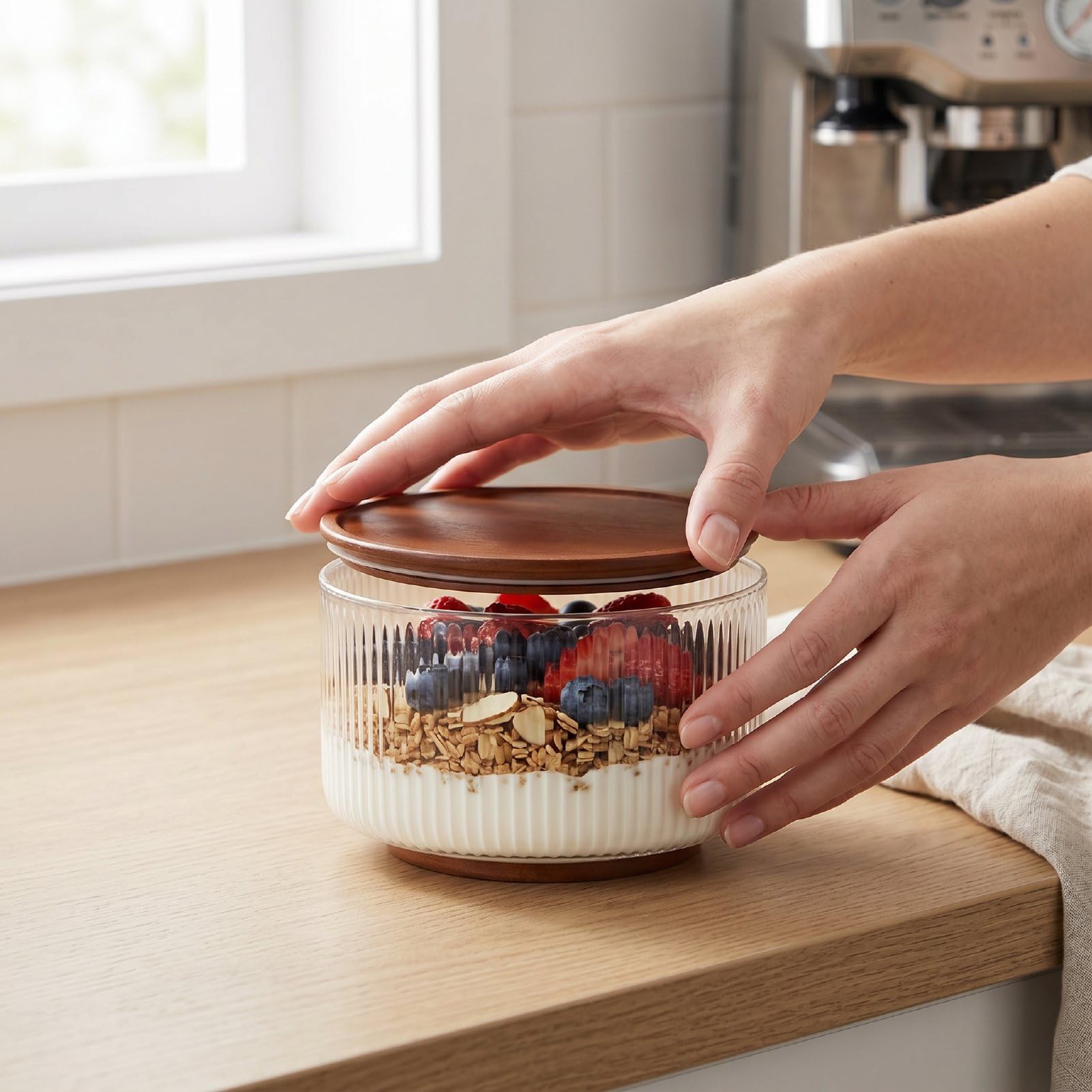Haofy Ensaladera de Vidrio 9.06x5.91x5.71 Pulgadas 1700g Tazón de Vidrio Acanalado de Gran Capacidad con Tapa de Madera, Tazón Transparente para Servir para Cenas Familiares Ensaladas (claro)