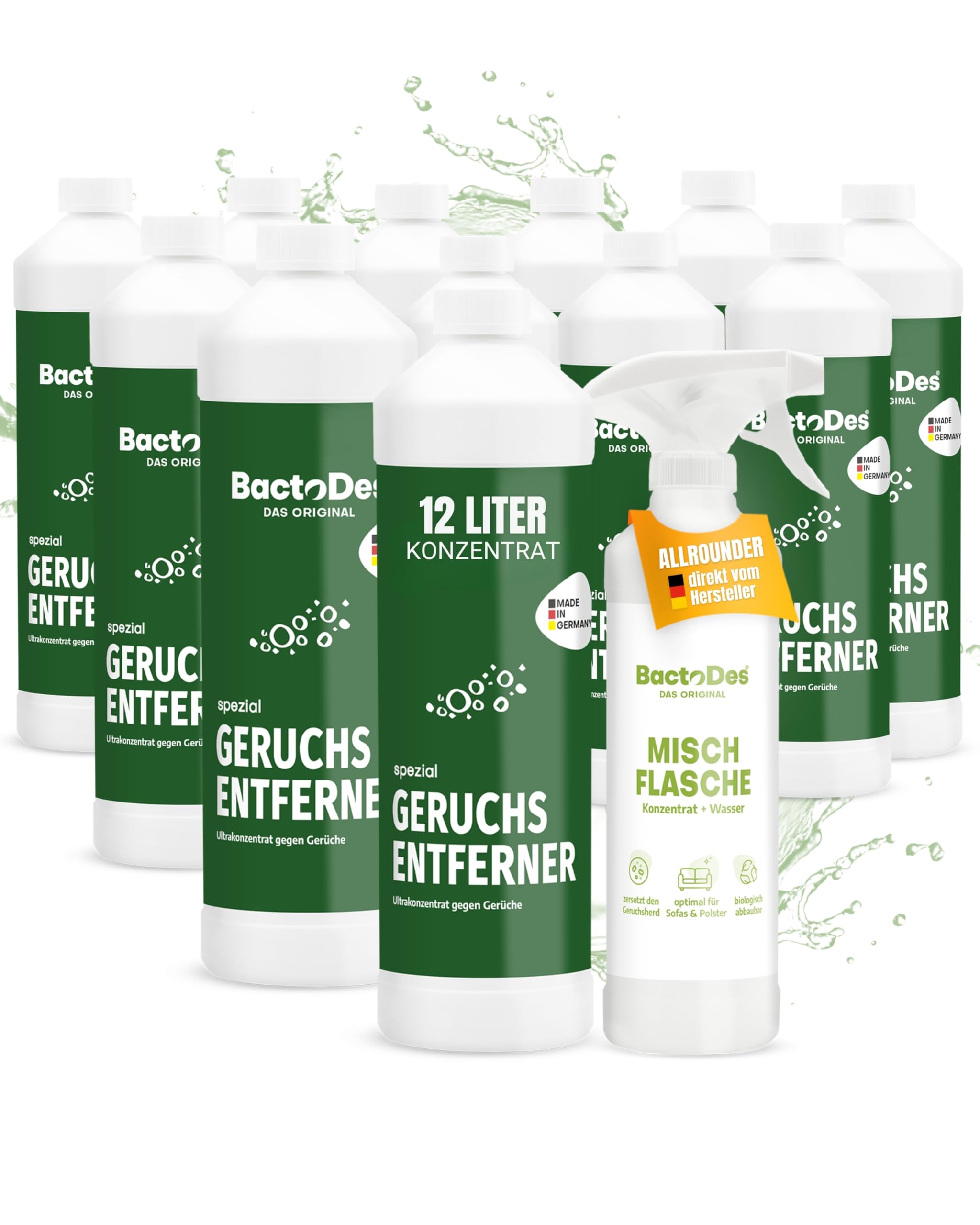 BactoDes - Spezial Geruchsneutralisierer 12L Konzentrat mit Spray-Mischflasche - Universal Enzymreiniger mit bio Mikroben-Wirkung - Effektiver Geruchsentferner für sämtliche unangenehme Gerüche