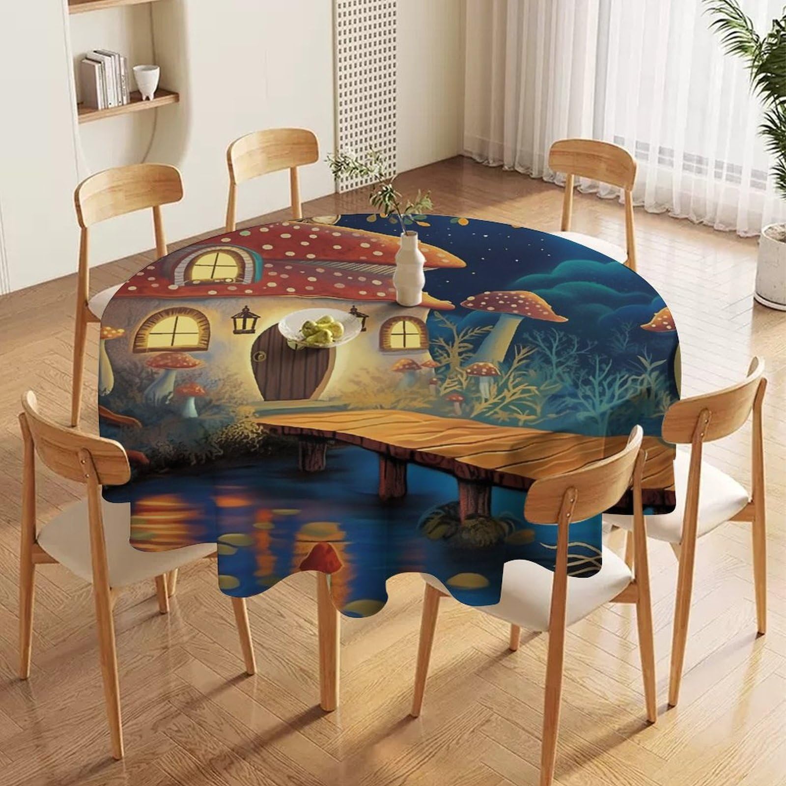 ORDOBO 3D Print Round Tablecloth - Mushroom House Waterproof Dust-Proof 3D Print Table Cover For Dinner Kitchen Garden Fashion Home Countertop Decoration 127X127Cm