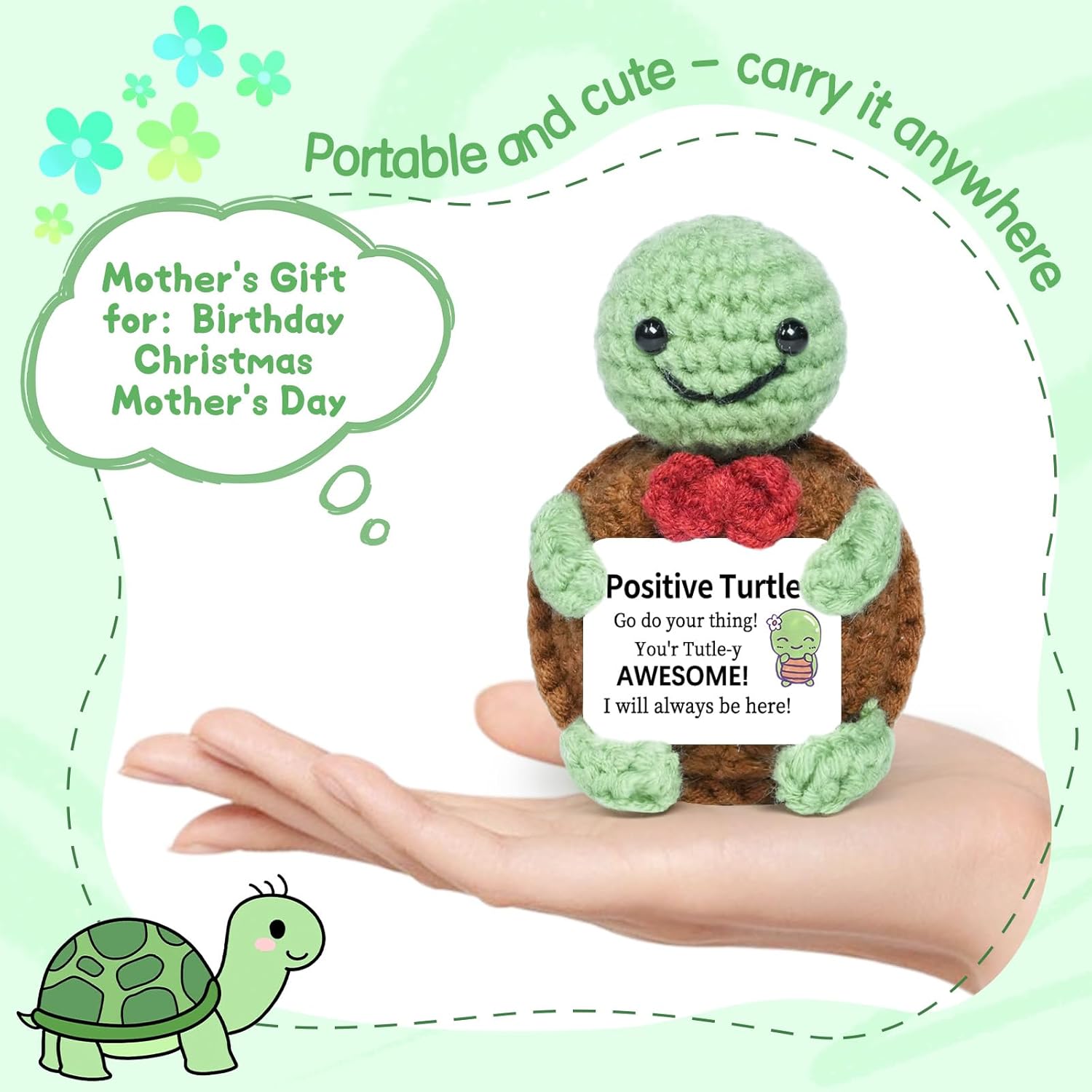 Mini Positive Crochet Turtle, Handmade Emotional Support Crochet, Birthday Gifts for Women Men Presents, Cute Stuff Things for Christmas Teacher Appreciation Gifts (Green) - Image 3