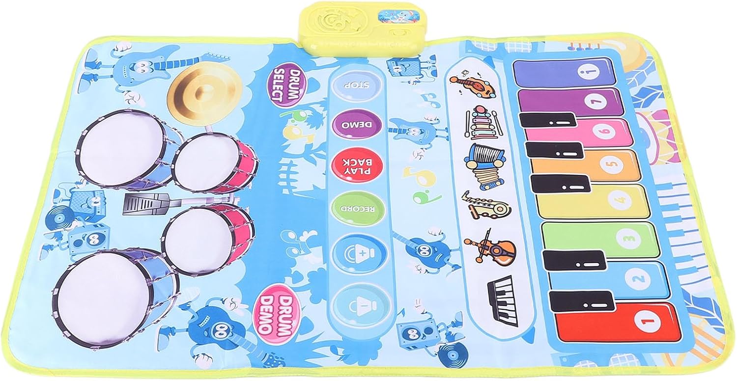 Jiawu Piano Music Mat, Portable Foldable Multi Instrument Touch Sensitive Floor Piano Playmat, Floor Keyboard Playmat with Complete Set Including Drumsticks for Toddlers Kids (Blue)