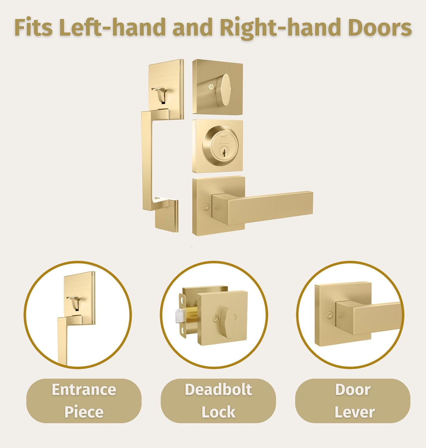 Mega Handles Tobelle Square Satin Brass Door Lock, Keyless Interior Door Handle Set for Hallway, Closet, Bathroom, Door Knobs Interior, Lock, Door Handle - Heavy Duty Design