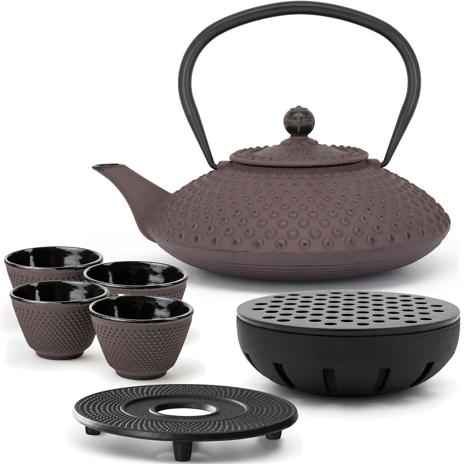 Bredemeijer Gusseisen Teekanne 1.25 Liter Induktion - flache Asia Gusskanne aubergine im Set mit Untersetzer & Teewärmer & 4 Teebecher (Tassen) & Teefilter-Sieb-Einsatz